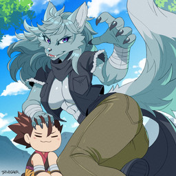 abs anthro bottomwear breasts butt clothing dipstick_tail duo fangs female fur grey_body grey_fur grey_hair hair hand_on_head inner_boob kerchief larger_female male markings neckerchief neckwear outside pants size_difference tail tail_markings teeth drawligator canid canine canis human mammal wolf 1:1 2026 absurd_res hi_res