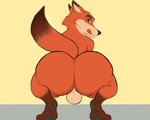 anthro backsack balls barefoot big_butt bubble_butt butt feet fur genitals green_eyes huge_butt looking_at_viewer looking_back looking_back_at_viewer male nude orange_body orange_fur pawpads simple_background smile soles solo toes tongue tongue_out gypsy_king_(artist) disney zootopia nick_wilde canid canine fox mammal red_fox true_fox 5:4 hi_res