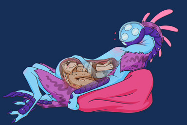 after_vore ambiguous_gender anthro anthro_pred anthro_prey bean_bag blue_arms blue_body blue_legs blue_tail colored_nails duo feet fur heart_symbol inside_stomach internal lying nails on_back purple_body purple_fur purple_nails purple_toenails tail toenails toes vore kittykat_(artist) alien domestic_cat felid feline felis mammal 2026 alpha_channel hi_res