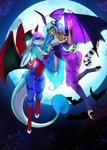 anthro clothing female leotard tail wings rika_(artist) capcom darkstalkers mythology lilith_aensland mihari morrigan_aensland sonny_(rika) avian bird cheetah demon felid feline gryphon lovebird mammal mythological_avian mythological_creature parrot true_parrot hi_res