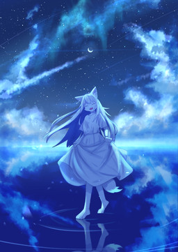 anthro clothing cloud detailed_background dress female hair happy moon night reflection sky smile solo star tail water white_clothing white_dress white_hair mametunu canid canine canis mammal wolf 2023 absurd_res blue_and_white digital_drawing_(artwork) digital_media_(artwork) hi_res monochrome