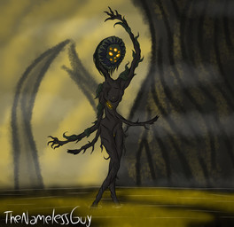 anthro female flower multi_eye plant solo sunflower swimming_pool tree water the_nameless_guy elden_ring fromsoftware scadutree_avatar elemental_creature flora_fauna hi_res