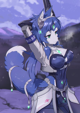 accessory anthro beads big_breasts blue_body blue_fur blue_hair breasts circlet clothed clothing dipstick_tail eyebrows eyelashes female fur furgonomics green_eyes hair hair_accessory hair_beads hairband inner_ear_fluff leotard markings navel_outline outside smile solo stretching tail tail_accessory tail_markings tailband tuft white_body white_fur jecbrush nintendo star_fox krystal_(star_fox) canid canine fox mammal 2026 hi_res