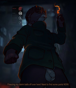 anthro antlers balls bottomless clothed clothing cold flaccid foreskin genitals horn jacket male match outside penis solo text topwear zytkal the_long_dark zytkal_(oc) jackalope lagomorph mammal english_text hi_res