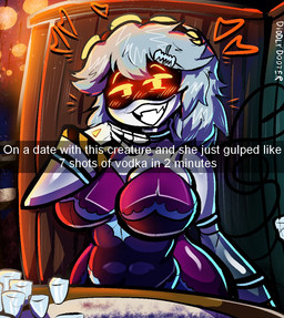 :3 accessory alcohol backless_dress bare_shoulders beer_belly belly beverage big_breasts black_body blush blush_lines booth breasts caption caption_box chair clothing container cup cute_fangs date date_pov dress drinking_glass earless emphasis_lines fangs female first_person_view furniture glass glass_container glass_cup glowing glowing_eyes grey_body grey_hair hair hair_accessory hairclip hand_under_chin hazard_stripes headband heart_symbol hearts_around_head huge_breasts looking_at_viewer loveseat machine metal metallic_body noseless number offscreen_character on_chair open_mouth open_smile proud red_clothing red_dress romantic romantic_ambiance segmented_body sharp_teeth short_hair shot_glass simple_background sitting sitting_on_chair slightly_chubby smile smug smug_face smug_grin solo tail teeth text thick_thighs unusual_anatomy vodka white_body white_text wide_hips yellow_eyes diddlydooter1 glitch_productions murder_drones snapchat v_(murder_drones) disassembly_drone humanoid robot robot_humanoid artist_name digital_drawing_(artwork) digital_media_(artwork) signature