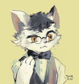 anthro bow_tie cheek_tuft clothed clothed_anthro clothed_male clothing collared_shirt dress_shirt eyebrows eyewear facial_tuft front_view fur glasses male male_anthro pince-nez raised_eyebrow shirt simple_background solo topwear tuft vest wearing_glasses white_body white_fur hakugin domestic_cat felid feline felis mammal 2017 dated portrait