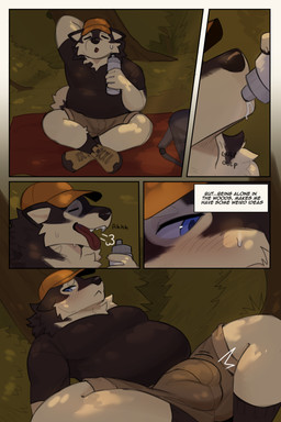 anthro belly blush bulge clothed clothing exhibitionism male outside slightly_chubby solo trail plaguerat cooper_(plaguerat) alaskan_malamute canid canine canis domestic_dog mammal nordic_sled_dog spitz absurd_res comic hi_res
