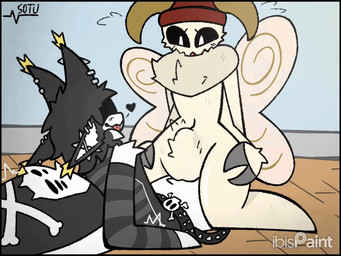4_ears abdominal_bulge antennae_(anatomy) anthro arthropod_abdomen belt bone bulge claws clothing duo female hat headgear headwear male male/female multi_ear piercing skull tongue tongue_out wings sotu arachnid arthropod insect lepidopteran moth spider 4:3 animated