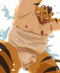 anthro armpit_hair asian_clothing bandage belly big_belly body_hair bulge clothing east_asian_clothing fundoshi japanese_clothing kemono male moobs nipples one_eye_closed overweight overweight_male solo tongue tongue_out underwear wet white_clothing white_fundoshi white_underwear hon55728 felid mammal pantherine tiger 2022 hi_res