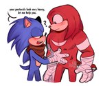 anthro blush clothing duo gloves grope handwear male male/male muscular muscular_male pecs scarf simple_background sports_tape text anyyuum sega sonic_boom sonic_the_hedgehog_(series) knuckles_the_echidna sonic_the_hedgehog echidna eulipotyphlan hedgehog mammal monotreme english_text hi_res