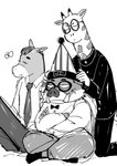 anthro bottomwear bow_tie clothing eyes_closed eyewear glasses group humanoid_hands male necktie pants shirt sitting topwear doraenm odd_taxi atsuya_baba_(odd_taxi) kensuke_shibagaki_(odd_taxi) satoshi_nagashima_(odd_taxi) equid equine giraffe giraffid horse mammal suid suina sus_(pig) wild_boar 2021 hi_res monochrome