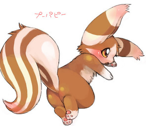 ambiguous_feral ambiguous_gender blush brown_body brown_fur butt chibi eyelashes feral fur kemono lying on_side open_mouth orange_eyes pawpads paws raised_tail simple_background solo tail tan_body tan_fur text three-quarter_view white_background suppainu unknown_species 2008 japanese_text