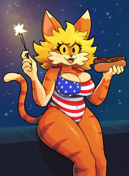 5_fingers american_flag_clothing anthro black_nose blonde_hair breasts cheek_tuft cleavage clothed clothing dipstick_tail eyelashes facial_tuft female fingers food freckled_breasts freckled_face freckles fur hair holding_hot_dog holding_sparkler holidays hot_dog long_eyelashes looking_at_viewer markings multicolored_body multicolored_fur night one-piece_swimsuit open_mouth open_smile orange_body orange_fur sitting sky smile solo sparkler star starry_sky striped_body striped_fur striped_markings striped_tail stripes swimwear tail tail_markings tan_body tan_fur tan_tail_tip thick_thighs tongue tuft yellow_sclera roboticsteve 4th_of_july ring_cats crimson_(roboticsteve) domestic_cat felid feline felis mammal 2025 absurd_res digital_drawing_(artwork) digital_media_(artwork) hi_res