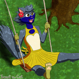 anthro blue_body blue_fur brown_eyes clothing cute_fangs dress eyelashes fangs femboy flower_accessory flower_on_head fur grass grey_body grey_fur male pawpads paws plant smile solo swing swinging teeth tree yellow_body yellow_clothing yellow_fur scoutthecat02 scout_the_cat_(character) domestic_cat felid feline felis mammal 1:1 hi_res