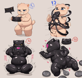 3_fingers 3_toes ambiguous_gender annoyed anthro balls bent_arm bent_legs black_body black_nose black_sclera blue_eyes blush bodily_fluids butt claws clothing condom cross-popping_vein crouching cum duo erection eyelashes feet filled_condom fingers flaccid foreskin fur genital_fluids genitals goo_suit grey_background grin heart_symbol humanoid_genitalia humanoid_penis interrobang latex latex_clothing latex_skinsuit lying male male/ambiguous moobs motion_lines musical_note musical_symbol navel on_front oral oral_penetration overweight overweight_male penetration penis rear_view sexual_barrier_device shota simple_background skinsuit smile stretching surprised symbol teeth tight_clothing toes urethral urethral_penetration white_body white_fur yellow_eyes young young_anthro young_male moki_(artist) moki_(moki) domestic_cat felid feline felis goo_creature living_latex mammal 2022
