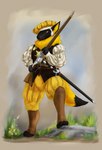 anthro detailed_background gun landsknecht machine male melee_weapon musket protogen_visor ranged_weapon solo sword weapon wheellock yellow_body sunzopunzo protogen absurd_res hi_res