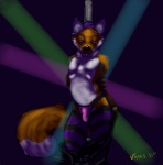 anthro bulge clothing dipstick_tail ear_piercing femboy hair legwear light looking_at_viewer male markings panties piercing pink_clothing pole purple_clothing purple_hair rave solo stockings stripper tail tail_markings thong underwear undressing vates canid canine fox mammal 2011