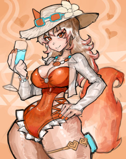 animal_ears beverage big_breasts blonde_hair blue_liquid breasts cleavage clothed clothing eyelashes eyewear female flower_on_hat fox_tail frilly frilly_clothing frilly_swimwear fur glistening glistening_eyes hair hand_on_hip hat headgear headwear holding_beverage holding_object jacket jewelry necklace orange_body orange_clothing orange_eyes orange_fur small_waist smile solo sun_hat sunglasses swimwear tail thick_thighs thigh_belt topwear white_clothing wide_hips saiykik marvel marvel_rivals white_fox_(marvel) animal_humanoid canid canid_humanoid canine canine_humanoid fox_humanoid humanoid mammal mammal_humanoid 2026 digital_drawing_(artwork) digital_media_(artwork) hi_res