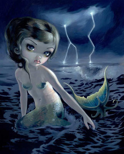 bra_(anatomy) breasts electricity eyebrows eyelashes female fish_tail hair lightning lips long_hair looking_at_viewer makeup not_furry nude partially_submerged pupils scaled_breasts scales sea solo split_form storm tail water jasmine_becket-griffith humanoid humanoid_merfolk mammal marine merfolk 2011 dated formal_art painting_(artwork) traditional_media_(artwork) traditional_painting_(artwork)