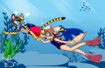 anthro breasts bubble clothing diving diving_mask duo female fin male mask one-piece_swimsuit school_swimsuit scuba swimming swimwear underwater water clawscratch chef_cheiro_(character) okane_akemi canid canine canis felid mammal pantherine tiger wolf absurd_res hi_res