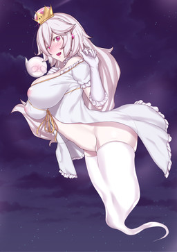 alternate_species big_breasts blush breasts clothing collar crown duo female headgear humanoidized not_furry solo_focus spiked_collar spikes super_crown translucent translucent_clothing aster_crowley luigi's_mansion mario_bros nintendo boosette king_boo boo_(mario) ghost humanoid spirit hi_res