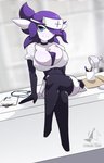 breasts cleavage clothed clothing crossed_legs female hair legwear nurse purple_hair sitting solo thigh_highs wide_hips standing_tough nintendo pokemon gardevoir generation_3_pokemon pokemon_(species) absurd_res hi_res