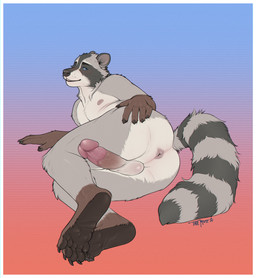anthro anus balls big_glans black_body black_fur blue_eyes blush butt circumcised circumcision_scar erection feet fur genital_scar genitals glans grey_body grey_fur humanoid_genitalia humanoid_penis inviting looking_at_viewer lying male male_anthro markings nipples nude nude_anthro nude_male on_side one_ball_out paws penis penis_tuck pink_penis presenting presenting_anus presenting_hindquarters ring_(marking) ringed_tail scar simple_background slightly_chubby slightly_chubby_anthro slightly_chubby_male soles solo spread_anus spreading striped_markings striped_tail stripes tail tail_markings teeth toes whisker_spots themutt mammal procyonid raccoon flat_colors hi_res