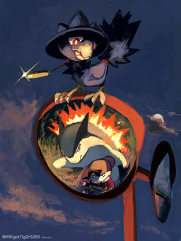 ambiguous_gender anthro beak blue_body blue_feathers claws clothing cloud duo feathers feral hat headgear headwear male mirror moon multicolored_body red_eyes reflection sky solo tail two_tone_body kfkgot7ig2r5265 nintendo pokemon ethan_(pokemon) avian bird generation_2_pokemon human mammal murkrow pokemon_(species) typhlosion 2025 3:4 absurd_res hi_res signature