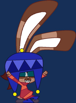 anthro big_tooth blue_clothing blue_eyes blue_hat blue_headwear brown_body brown_fur brown_hair clothing double_v_sign female fur fur_markings gesture hair hand_gesture happy hat headgear headwear kneeling long_ears markings multicolored_body multicolored_fur pattern_clothing pattern_sweater pattern_topwear red_clothing red_sweater red_topwear solo striped_clothing striped_sweater striped_topwear stripes stylized sweater topwear v_sign mono_(chainsawless) cereza_byzmutt lagomorph leporid mammal rabbit alpha_channel