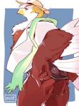 beak blonde_hair butt clothed clothing clothing_pull hair hat headgear headwear male muscular muscular_male open_clothing open_shirt open_topwear shirt solo speedo swimwear topwear 1boshi lifewonders tokyo_afterschool_summoners thunderbird_(tas) accipitrid accipitriform avian bald_eagle bird eagle sea_eagle