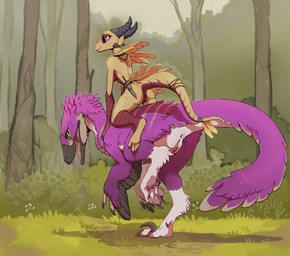 4_toes anthro anus breasts butt casual_nudity claws countershade_feet countershading digitigrade duo feathers feet female feral forest fur genitals hair horn knife nipples non-mammal_breasts non-mammal_nipples nude outside pawpads paws pink_pawpads plant purple_body purple_feathers riding sickle_claw soles tail toe_claws toes tree vulva weapon bluekiwi101 vikki_(cr0wn) dinosaur dromaeosaurid feathered_dinosaur feathered_scalie kobold lizard prehistoric_species reptile saurischian scalie theropod 2022