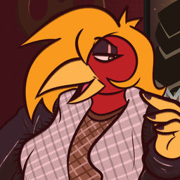 anthro beak black_clothing black_eyeliner black_jacket black_nail_polish black_topwear clothing eyeliner feathers hair jacket long_hair makeup male red_body red_feathers scarf smug_expression solo topwear yellow_beak yellow_body yellow_feathers stratica glori_gamebird tim_heidecker avian bird galliform golden_pheasant phasianid pheasant 1:1 absurd_res hi_res