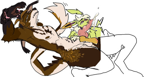 animal_genitalia animal_penis anthro arms_tied bodily_fluids bound brown_body brown_fur brown_nipples canine_genitalia canine_penis cum cumshot duo ejaculation female fur genital_fluids genitals male male/female nipples orgasm penis penis_bite simple_background white_background guncht nintendo pokemon canid canine eeveelution generation_1_pokemon jolteon mammal pokemon_(species) trans_(lore) trans_man_(lore)