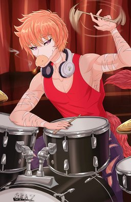 anthro athletic athletic_anthro athletic_male bottomwear clothed clothed_anthro clothed_male clothing cymbals drugs drum drumstick_(musical) electronics eyebrow_through_hair eyebrows feathered_tail feathers fingers hair headphones headphones_around_neck humanoid_hands long_tail looking_at_viewer male marijuana markings motion_blur musical_instrument narrowed_eyes orange_hair pants percussion_instrument pink_body purple_bottomwear purple_clothing purple_eyes purple_pants red_body red_clothing red_feathers red_shirt red_tank_top red_topwear shirt short_hair sitting smile smoke smoking smoking_marijuana solo striped_markings stripes tail tank_top topwear torn_bottomwear torn_clothing torn_pants translucent translucent_hair i_am_indistress cavemanon_studios goodbye_volcano_high ko_op_(game_developer) snoot_game reed_(gvh) dinosaur dromaeosaurid prehistoric_species reptile saurischian scalie theropod velociraptor absurd_res colored hi_res shaded