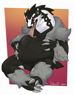 abdominal_bulge anthro belly big_belly black_body black_fur bodily_fluids drooling fur long_tongue male male_pred red_sclera saliva same_size_vore solo tongue tongue_out vore white_body white_fur eskaria145 nintendo pokemon generation_8_pokemon obstagoon pokemon_(species) hi_res