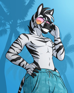 5_fingers abs anthro athletic athletic_male beach blue_bottomwear blue_clothing bottomwear clothed clothing drawstring eyewear fingers fur glasses gradient_background hair hand_on_hip looking_at_viewer male markings multicolored_hair muscular muscular_anthro muscular_male palm_tree pecs plant seaside shorts simple_background solo standing striped_body striped_fur striped_markings stripes summer sunglasses swimming_trunks swimwear topless topless_male tree two_tone_hair janacantdraw s7v8 dashing equid equine mammal zebra 4:5 absurd_res digital_media_(artwork) hi_res portrait three-quarter_portrait