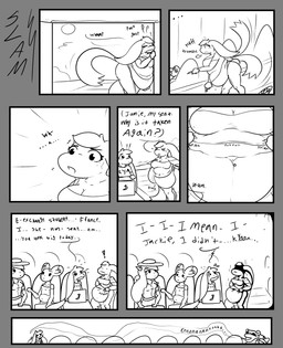 anthro belly big_belly breasts dialogue female freckles group inside male overweight text axlwisp nintendo pokemon jackie_(axlwisp) generation_4_pokemon lopunny pokemon_(species) 2012 comic hi_res monochrome