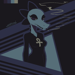 abstract_background alternative_fashion ankh anthro black_clothing black_teeth black_topwear breasts cigarette clothed clothing collarbone color_swatch dorsal_ridge eyelashes eyeshadow female front_view goth half-closed_eyes head_ridge looking_at_viewer makeup narrowed_eyes non-mammal_breasts sharp_teeth smoke smoking solo spikes spikes_(anatomy) standing teal_body teal_scales teeth topwear unimpressed sem-l-grim night_in_the_woods bea_santello crocodile crocodilian reptile scalie 1:1 2017 dark_theme restricted_palette signature