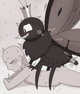 2_antennae 3_fingers 4_legs 4_wings animal_genitalia arthropod_abdomen bald bestiality blush bodily_fluids breasts censor_bar cloaca cloacal_penis crown cum drooling duo ejaculation erection eyespots female female_human feral fingers genital_fluids genitals grin headgear human_on_feral insect_wings interspecies lepidopteran_wings looking_pleasured male male/female markings misleading_thumbnail monotone_body motion_lines multi_wing nipples nude nude_female nude_human penis quadruped round_head ruff saliva side_view small_breasts smile steam sweat tapering_penis teeth toothy_grin vein veiny_penis wings omnivore_(artist) disney hoppers_(disney) pixar anon titus_(hoppers) arthropod butterfly human insect lepidopteran mammal 2026 cel_shading censored digital_drawing_(artwork) digital_media_(artwork) hi_res japanese_description monochrome shaded