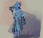 belt blue_body blue_fur clothed clothing footwear fur hand_behind_head male robe shoes tail teeth_showing yellow_eyes rdy zgf_art raharu mammal murid murine rat rodent 2024 hi_res
