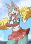 anthro big_breasts blue_eyes bottomwear breasts cheerleader cheerleader_outfit clothing cloud female hair huge_breasts multicolored_body navel open_mouth pom_poms skirt sky solo topwear two_tone_body under_boob lucyfercomic my_hero_academia ippan_josei mammal quirked_human_(my_hero_academia) 2024 absurd_res hi_res