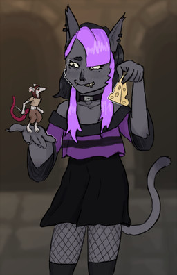 ambiguous_gender anthro cheese clothing dairy_products duo fishnet_clothing fishnet_legwear food hair holding_another legwear multicolored_hair size_difference smile smirk tail teasing ellathefoxy art_fight artfight2026 felid feline mammal murid murine rat rodent hi_res nonbinary_(lore)