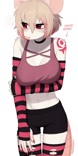 absolute_territory alternative_fashion anthro armwear big_breasts biped blonde_hair blush blush_lines bottomwear bra breasts choker clothed clothed_female clothing elbow_gloves emo female fingerless_gloves freckled_face freckles front_view fur gloves hair handwear highlights_(coloring) hotpants jewelry legwear midriff necklace pattern_armwear pattern_clothing pattern_elbow_gloves pattern_gloves pattern_handwear pattern_legwear pattern_stockings red_eyes shorts slim_anthro slim_female solo sports_bra standing stockings striped_armwear striped_clothing striped_elbow_gloves striped_gloves striped_handwear striped_legwear striped_stockings stripes thigh_highs underwear white_body white_fur yoako tylenol_(yoako) mammal murid murine rat rodent absurd_res hi_res