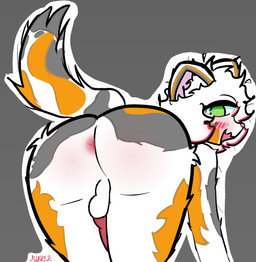 all_fours animal_genitalia animal_penis anthro blush blush_lines body_blush butt butt_blush butt_focus calico_pattern canine_genitalia canine_penis face_blush fluffy fluffy_ears fur genitals green_eyes hair looking_at_viewer looking_back male messy_fur penis presenting rear_view smile smirk solo tail white_body white_fur flawyz flaw_(flawyz) calico_cat domestic_cat felid feline felis mammal hi_res