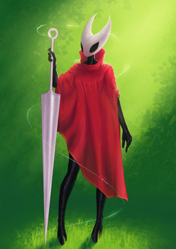 2_horns 5_fingers biped black_body black_eyes cloak clothed clothing empty_eyes female fingers grass holding_melee_weapon holding_object holding_weapon horn melee_weapon plant red_cloak red_clothing solo standing thread weapon chifn hollow_knight_(franchise) team_cherry hornet_(hollow_knight) arthropod humanoid 2026 absurd_res hi_res signature