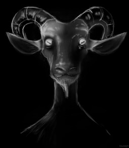 2_horns ambiguous_gender beard black_background creepy curled_horn facial_hair feral front_view horizontal_pupils horn pupils simple_background solo text louceph bovid caprine goat mammal 2019 artist_name bust_portrait greyscale hi_res monochrome portrait