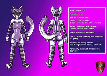 anthro bulge clothing doppler-217 femboy legwear machine male modular solo stockings text visor visor_eyes ladyfoxheart android felid feline mammal robot robot_anthro absurd_res english_text hi_res model_sheet