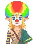 afro blonde_hair blue_eyes clothing clown_makeup clown_nose ear_piercing ear_ring hair humanoid_pointy_ears light_body light_skin long_hair looking_at_viewer makeup male multicolored_hair not_furry piercing pointy_ears rainbow_hair ring_piercing simple_background solo uzucake nintendo tears_of_the_kingdom the_legend_of_zelda link humanoid hylian reaction_image