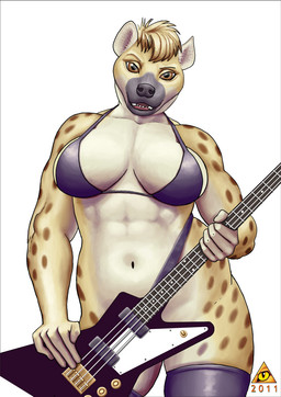 anthro bass_guitar bottomless bra breasts clothed clothing female female_anthro guitar holding_guitar holding_musical_instrument holding_object legwear looking_at_viewer muscular muscular_anthro muscular_female musical_instrument partially_clothed playing_guitar playing_music plucked_string_instrument simple_background solo squish string_instrument thigh_highs thigh_squish underwear white_background ultrafox hyena mammal spotted_hyena 2011 hi_res portrait three-quarter_portrait