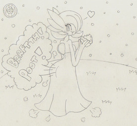 3_fingers big_butt blush blush_lines breasts butt chewing clothing colorless_fart_cloud dress eating eating_food fart fart_cloud fart_fetish female fingers food grass hair happy heart_symbol holding_food holding_object looking_back onomatopoeia outside plant poke_puff rear_view solo sound_effects standing text drawful-s nintendo pokemon pokemon_amie aria_(drawful-s) gardevoir generation_3_pokemon humanoid pokemon_(species) 2014 graphite_(artwork) greyscale monochrome sketch traditional_media_(artwork)
